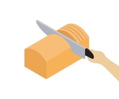isometrische stijlillustratie van hak het brood met een mes; vector