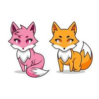 vos meisje en jongen, anime kitsune, vos cartoon illustratie, fennec mascotte oranje en roze vector