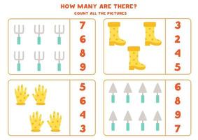 telspel met cartoon tuingereedschap. educatief werkblad. vector