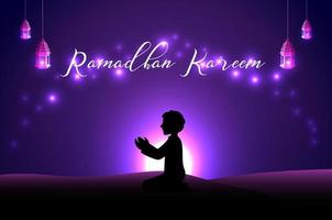 moslim man bidden silhouet op de woestijn nacht dag vector
