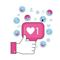 hand met sociaal chatbericht en emoji&#39;s vector