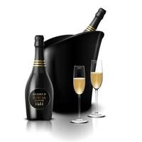 wijnglas met zwarte wijnflessen champagne in een emmer vector