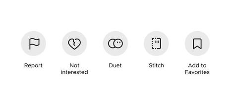 menupictogram van sociale media. rapporteren, niet geïnteresseerd, duet, stitch, en toevoegen aan favorieten vector