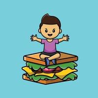 schattige jongen op sandwich cartoon vector pictogram illustratie. mensen eten pictogram concept geïsoleerde premium vector. platte cartoonstijl