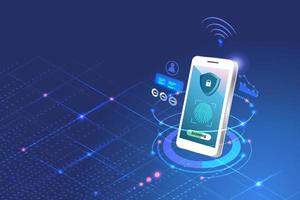biometrische beveiliging, vingerafdrukscanning op smartphone om toegang te krijgen tot financiële gegevens en investeringen. innovatiebeveiliging in digitaal online technologieconcept. vector