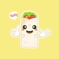 schattig en kawaii shoarma kebab stripfiguur met lachend gezicht smakelijk verpakt fastfood. emoji-kawaii. kan worden gebruikt in restaurantmenu, gezond voedsel. culinair ingrediënt. vector