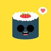 schattig en kawaii sushi roll karakter. gelukkig sushi roll stripfiguur mascotte. vector illustratie vlakke stijl geïsoleerd op gekleurde achtergrond