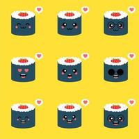 schattig en kawaii sushi roll karakter. gelukkig sushi roll stripfiguur mascotte. vector illustratie vlakke stijl geïsoleerd op gekleurde achtergrond