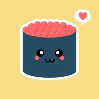 schattige kawaii sushi roll met kaviaar. Japanse traditionele maaltijd. cartoon manga-stijl. grappig anime karakter met blij gezicht. plat ontwerp. trendy vectorillustratie. logo sjabloon vector