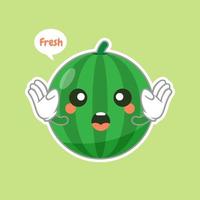 schattig en kawaii watermeloen karakter emoticon. zomer fruit. watermeloen karakter emoji illustratie. gezonde voeding grappige mascotte vectorillustratie in plat ontwerp. vector