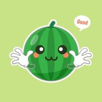 schattig en kawaii watermeloen karakter emoticon. zomer fruit. watermeloen karakter emoji illustratie. gezonde voeding grappige mascotte vectorillustratie in plat ontwerp. vector