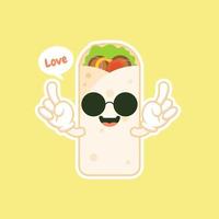 schattig en kawaii shoarma kebab stripfiguur met lachend gezicht smakelijk verpakt fastfood. emoji-kawaii. kan worden gebruikt in restaurantmenu, gezond voedsel. culinair ingrediënt. vector