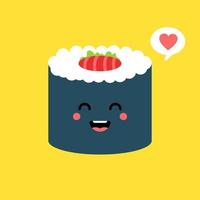 schattig en kawaii sushi roll karakter. gelukkig sushi roll stripfiguur mascotte. vector illustratie vlakke stijl geïsoleerd op gekleurde achtergrond