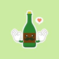 schattig en kawaii wijnflessen over groene achtergrond, kleurrijk ontwerp. platte ontwerp vectorillustratie. cartoon kawaii champagne met glimlach en lachende ogen. leuke champagnefles vector