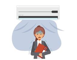 te koude lucht concept.businesswoman koud gevoel als gevolg van te koude lucht van airconditioner.flat vector cartoon karakter illustratie.