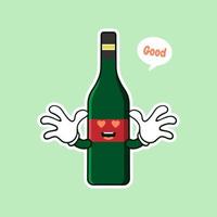 schattig en kawaii wijnfles cartoon karakter vlakke stijl vectorillustratie. funky lachende glazen wijnfles karakter ontwerpsjabloon voor wijnkaart of wijnkaart vector