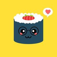 schattig en kawaii sushi roll karakter. gelukkig sushi roll stripfiguur mascotte. vector illustratie vlakke stijl geïsoleerd op gekleurde achtergrond