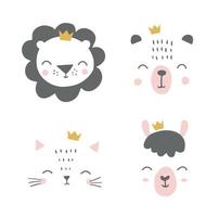 schattige eenvoudige dierenportretten met kronen - beer, kat, alpaca, lama. ontwerpen voor babykleding, posters, wenskaarten. handgetekende karakters. vectorillustratie. vector