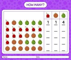 hoeveel tellen spel met fruit. werkblad voor kleuters, activiteitenblad voor kinderen, afdrukbaar werkblad vector