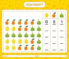 hoeveel tellen spel met fruit. werkblad voor kleuters, activiteitenblad voor kinderen, afdrukbaar werkblad vector