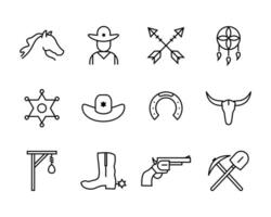 cowboy objecten minimalistisch design, wilde westen icon set in kaderstijl vector