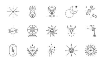 set van heks en magische collectie. boho symbolen in tarotkaart ontwerpstijl. mystiek en fantasie in monoline vectorillustratie vector