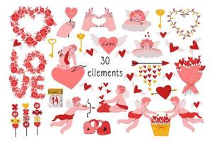 grote set voor Valentijnsdag met cupido's, wolken, bloemen, sloten, sleutels, kalender, harten, liefde, pijl, boog. platte vector hand getekende illustratie.