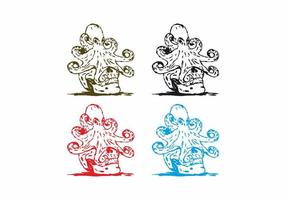 vier kleurenvariatie van tekening van schedel- en octopuslijntekeningen vector
