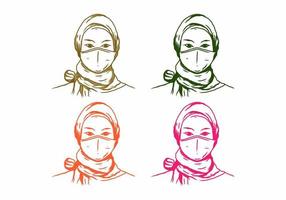 vier kleurenvariatie van gesluierde vrouw met een medisch masker, lijntekeningen, illustratietekening vector