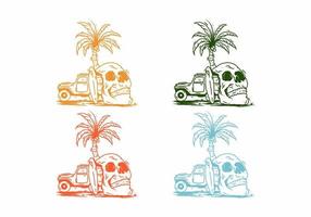 vier kleurenvariatie van schedelhoofd en auto met surfplank vector