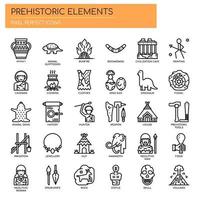Prehistorische elementen, dunne lijn en pixel perfecte pictogrammen vector