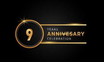 9-jarig jubileumviering gouden en zilveren kleur met cirkelring voor feestgebeurtenis, bruiloft, wenskaart en uitnodiging geïsoleerd op zwarte achtergrond vector