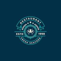 vintage retro badge zeevruchten vismarkt en restaurant embleem sjabloon silhouetten typografie logo ontwerp vector