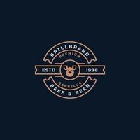 vintage retro badge grill restaurant barbecue steak house menu embleem en eten silhouetten typografie logo ontwerp vector