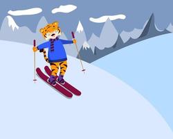 cartoon tijger skiën bergafwaarts vector