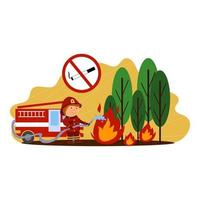 illustratie van een brandweerman die een bosbrand blust,