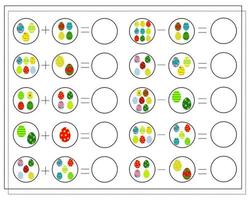 een rekenspel voor kinderen. los de voorbeelden op, tel de paaseieren. vector