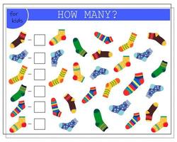wiskunde spel voor kinderen. tel hoeveel het er zijn. veelkleurige sokken met een ander patroon vector