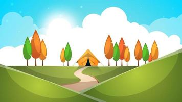 Cartoon landschap. Tent, boom, heuvel, gras illustratie. vector