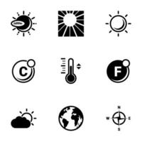 set van eenvoudige pictogrammen op een thema zon, zomer, vector, ontwerp, flat, teken, symbool, object, illustratie. zwarte pictogrammen geïsoleerd tegen een witte achtergrond vector