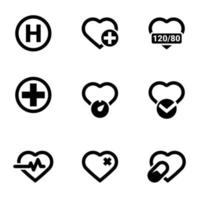 pictogrammen voor thema cardiologie, hart, apotheek, geneeskunde, vector, pictogram, set. witte achtergrond vector