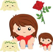 meisje met haar konijn clipart prachtige bloemen perfect voor Pasen of lente decoratie vector