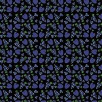 druif en pruim op zwarte achtergrond. vector voedsel pictogrammen. gekleurd naadloos patroon met blauwe fruitpictogrammen.