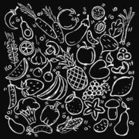 groenten en fruit pictogrammen. doodle vector met groenten en fruit pictogrammen op zwarte achtergrond. vintage veganistische illustratie met groenten en fruit, zoete elementenachtergrond voor uw project