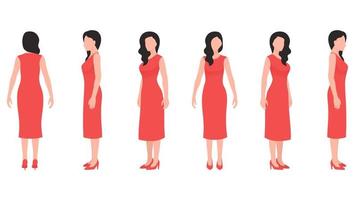 vrouw in partij look, vrouw draagt een rode feestjurk, zakelijke tekenset vectorillustratie op witte achtergrond. vector