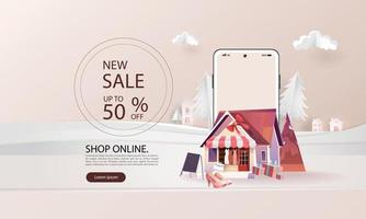 papieren kunst online winkelen op smartphone en nieuwe koop verkoop promotie roze achtergrondgeluid voor banner markt e-commerce vrouwen concept. vector