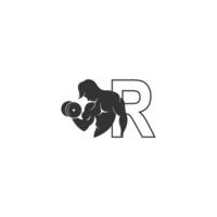 letter r logo icoon met een persoon die barbell ontwerp vector vasthoudt