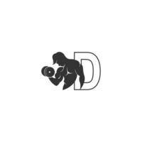 letter d logo icoon met een persoon die barbell ontwerp vector vasthoudt