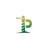 letter p met vuurtoren pictogram logo ontwerpsjabloon vector