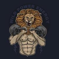 Bodybuilder met halters en een woeste leeuwenkop